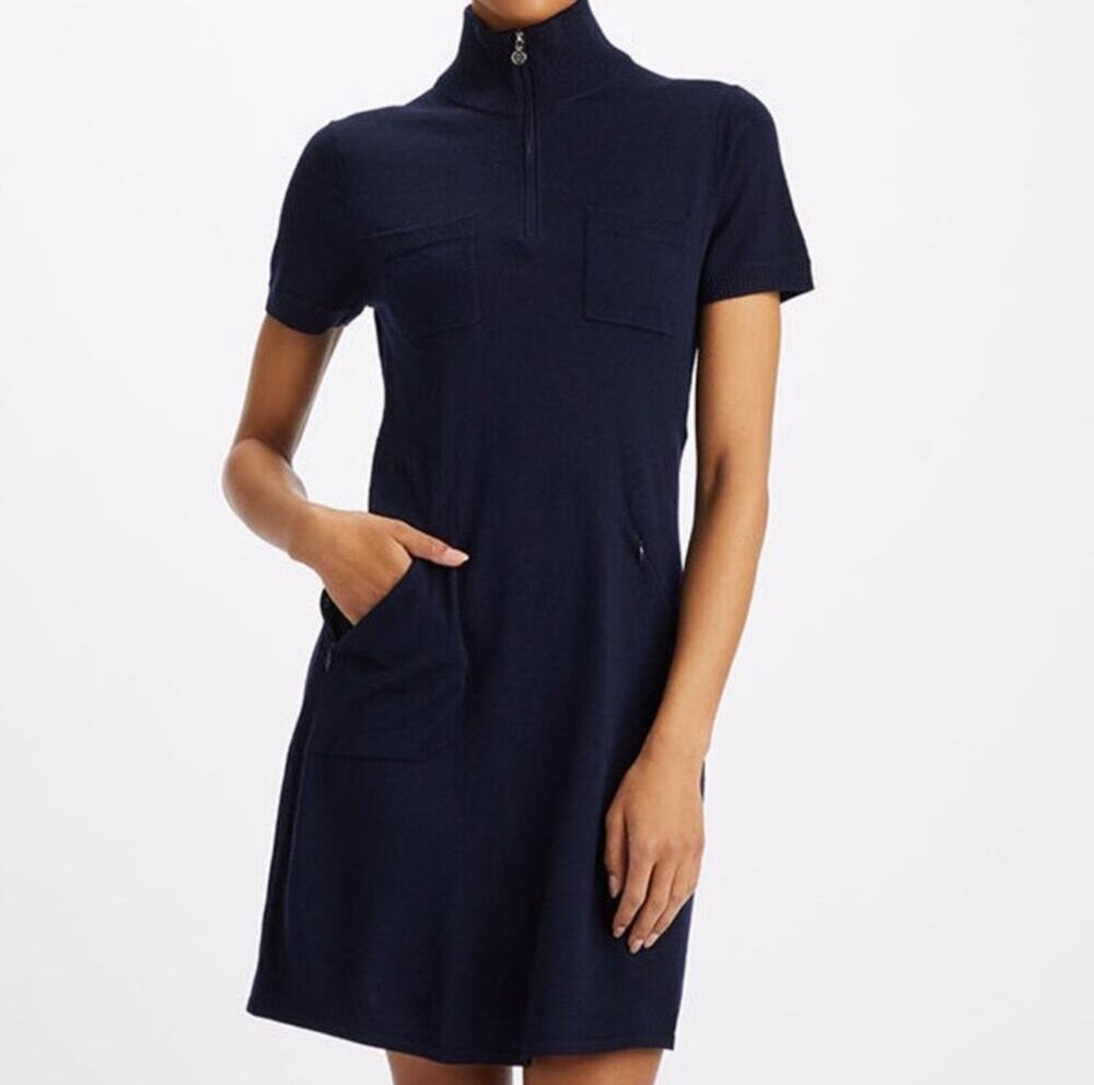 NWT G/FORE WOMEN MERINO WOOL QUARTER ZIP POLO SWEATER DRESS Twilight Navy SZ L
